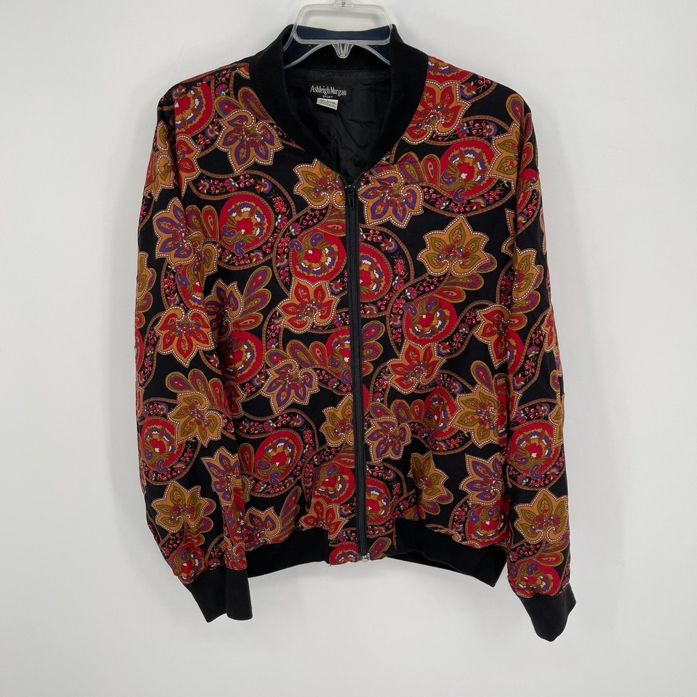 Ashleigh Morgan Women's Vintage Black Paisley Print Zip Up Bomber Jacket Size L